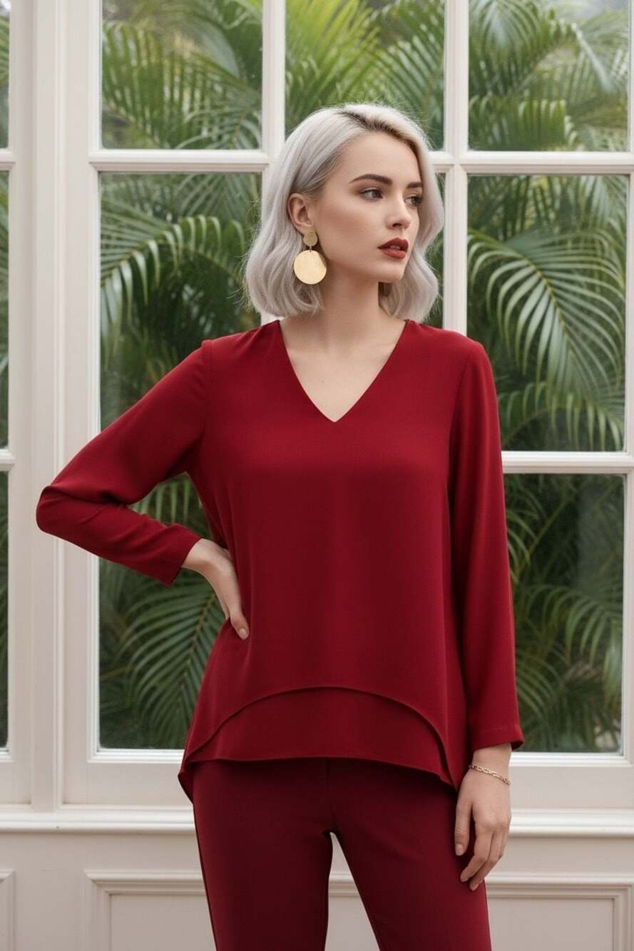 Karen Kane Red V-Neck Poncho Blouse - Picture 3 of 7